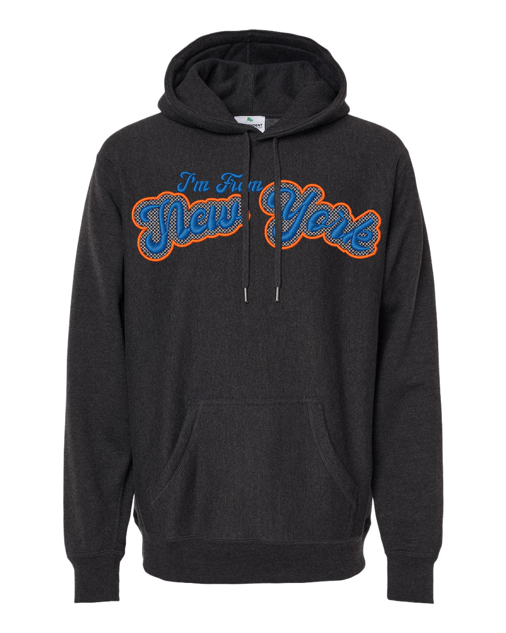 Black hoodie with 'I'm From New York' text in orange and blue on a white background